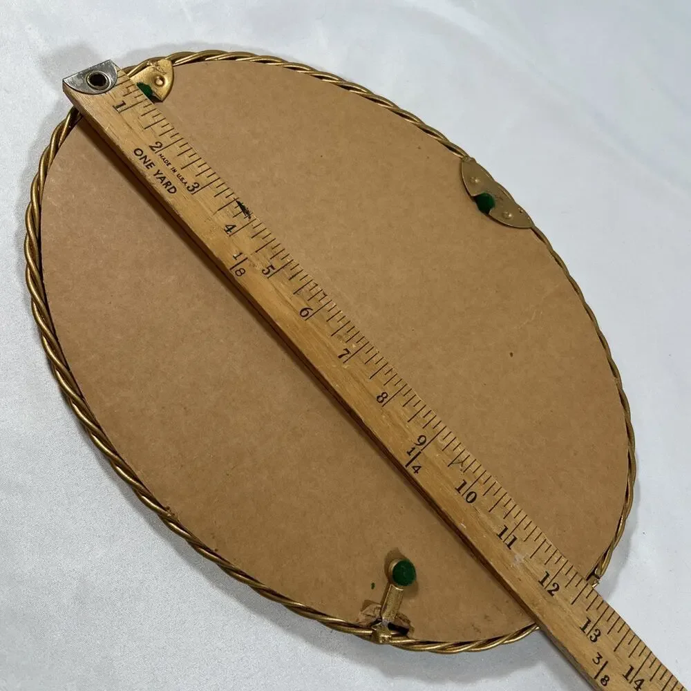 Vintage Gold Twisted Braided Metal Rope Framed Oval Wall Mirror Tray 12.5x9.5”